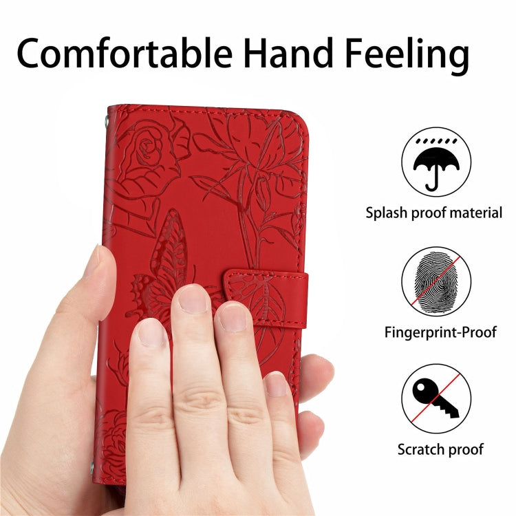 For OnePlus 12R 5G Global Skin Feel Butterfly Peony Embossed Leather Phone Case(Red) - OnePlus Cases by buy2fix | Online Shopping UK | buy2fix