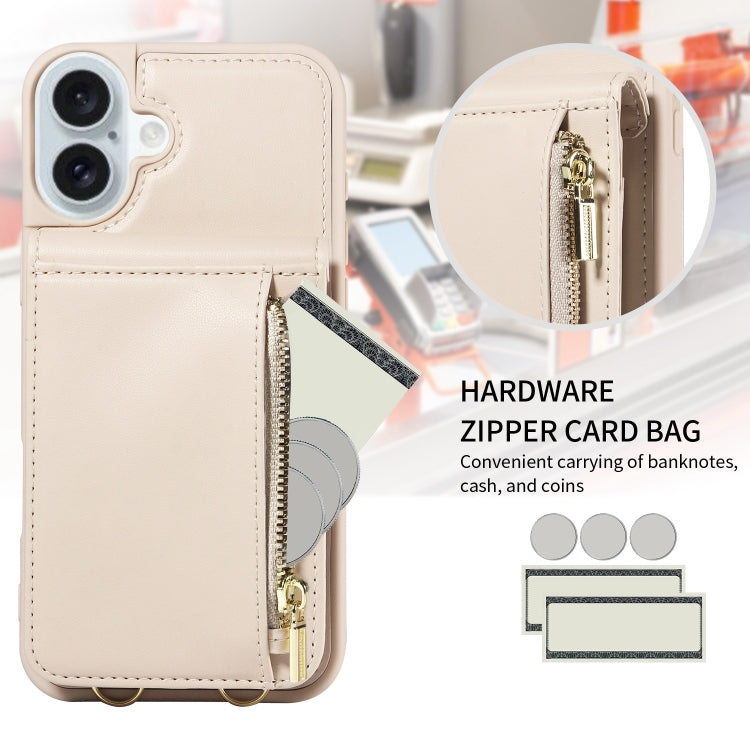 For iPhone 16 Plus Crossbody Lanyard Zipper Wallet Leather Phone Case(Beige) - iPhone 16 Plus Cases by buy2fix | Online Shopping UK | buy2fix