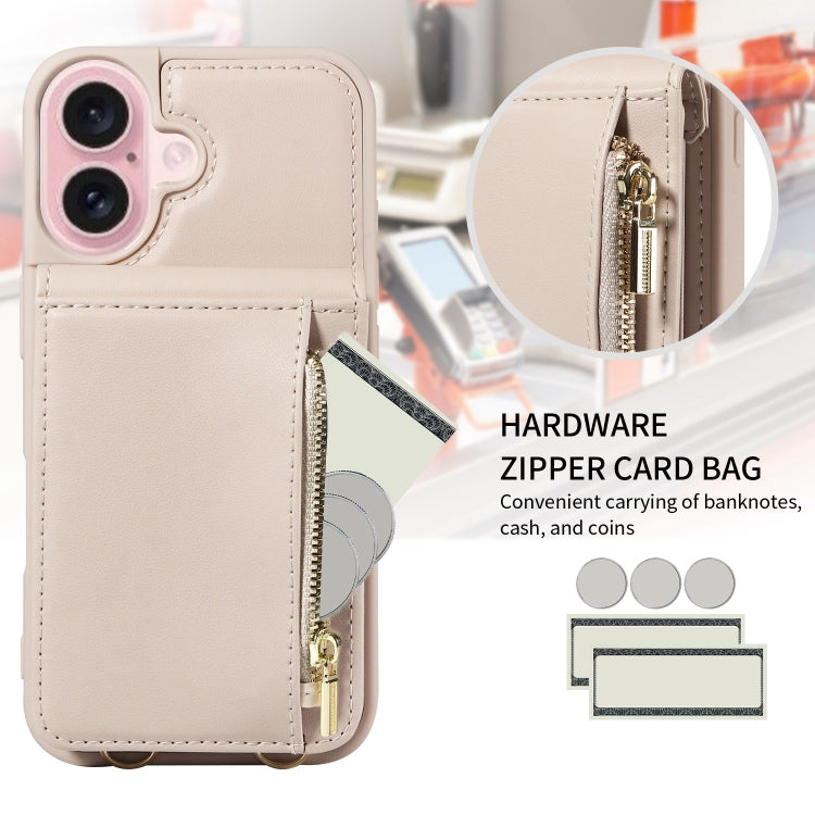 For iPhone 16 Crossbody Lanyard Zipper Wallet Leather Phone Case(Beige) - iPhone 16 Cases by buy2fix | Online Shopping UK | buy2fix