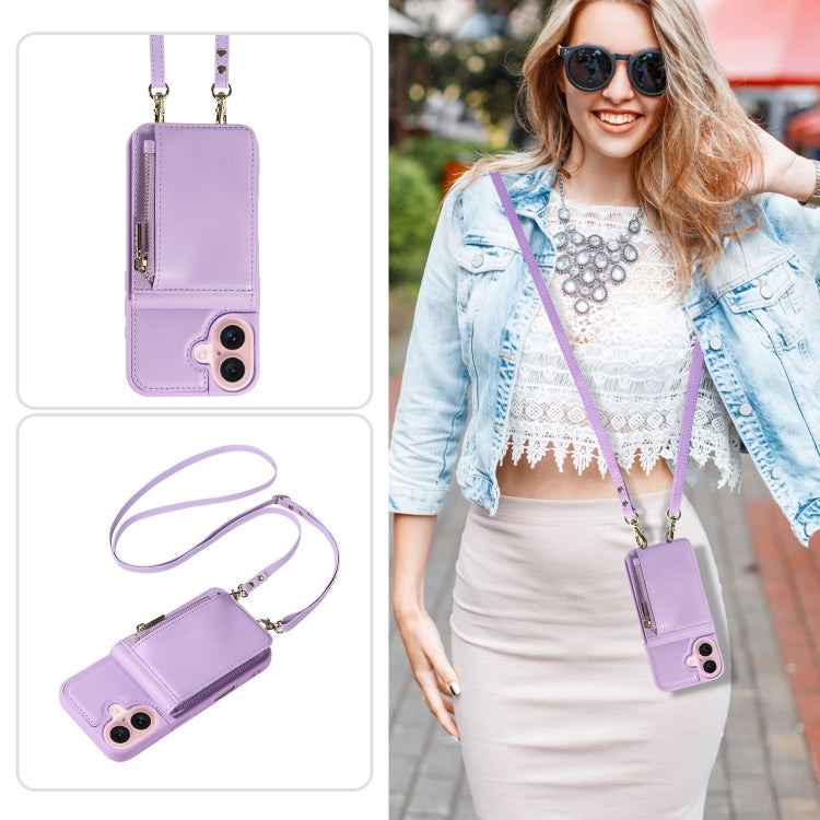 For iPhone 16 Crossbody Lanyard Zipper Wallet Leather Phone Case(Purple) - iPhone 16 Cases by buy2fix | Online Shopping UK | buy2fix