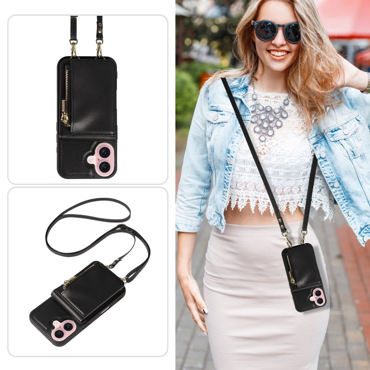 For iPhone 16 Crossbody Lanyard Zipper Wallet Leather Phone Case(Black) - iPhone 16 Cases by buy2fix | Online Shopping UK | buy2fix