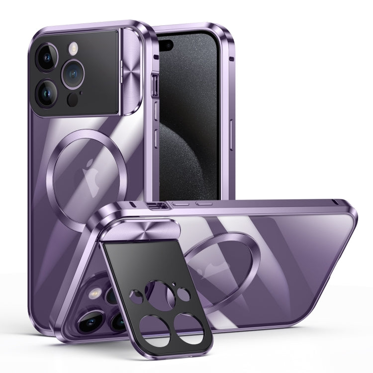 For iPhone 15 Pro Max Large Window Holder MagSafe Magnetic Metal Phone Case(Purple) - iPhone 15 Pro Max Cases by buy2fix | Online Shopping UK | buy2fix