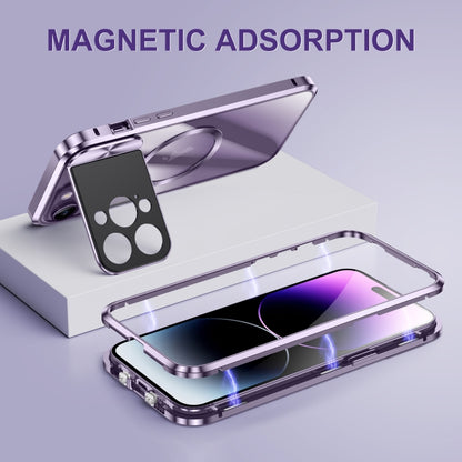 For iPhone 15 Large Window Holder MagSafe Magnetic Metal Phone Case(Purple) - iPhone 15 Cases by buy2fix | Online Shopping UK | buy2fix