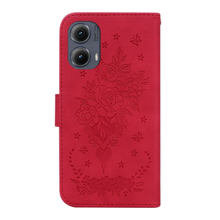 For Motorola Edge 2024 Butterfly Rose Embossed Leather Phone Case(Red) - Motorola Cases by buy2fix | Online Shopping UK | buy2fix