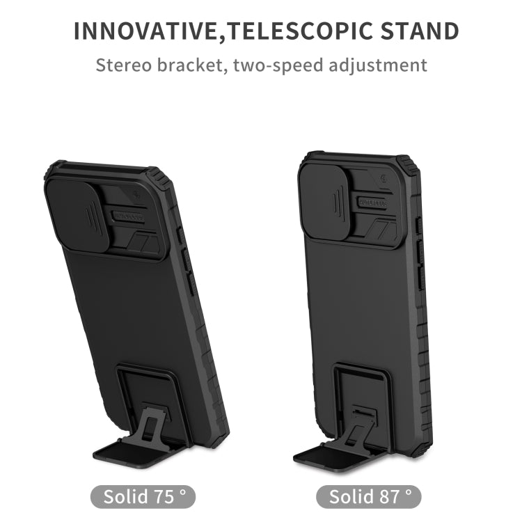 For iPhone 16 Stereoscopic Holder Sliding Camshield Phone Case(Black) - iPhone 16 Cases by buy2fix | Online Shopping UK | buy2fix