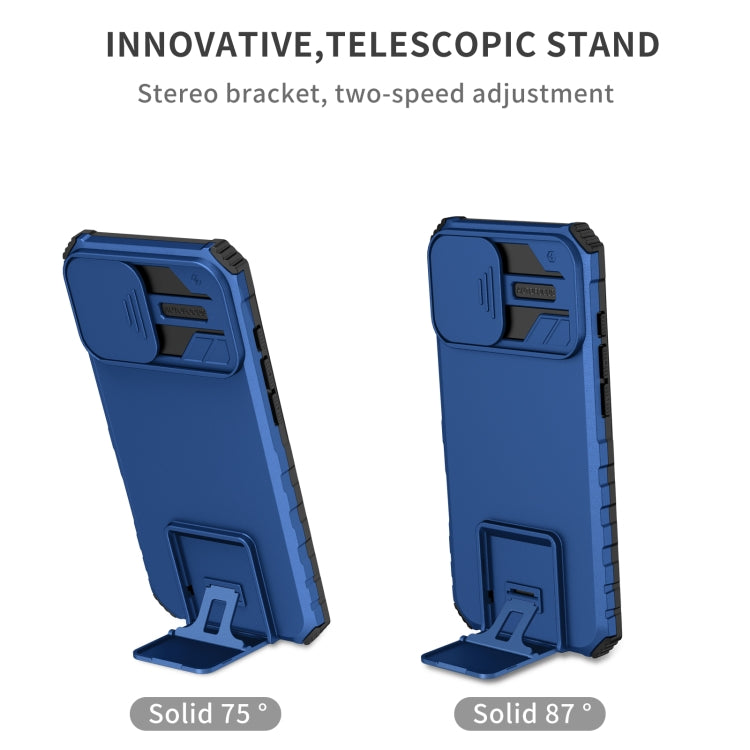 For iPhone 16 Stereoscopic Holder Sliding Camshield Phone Case(Blue) - iPhone 16 Cases by buy2fix | Online Shopping UK | buy2fix