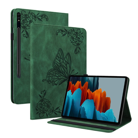 For Samsung Galaxy Tab S9+ Butterfly Flower Embossed Leather Tablet Case(Green) - Galaxy Tab S9+ Cases by buy2fix | Online Shopping UK | buy2fix