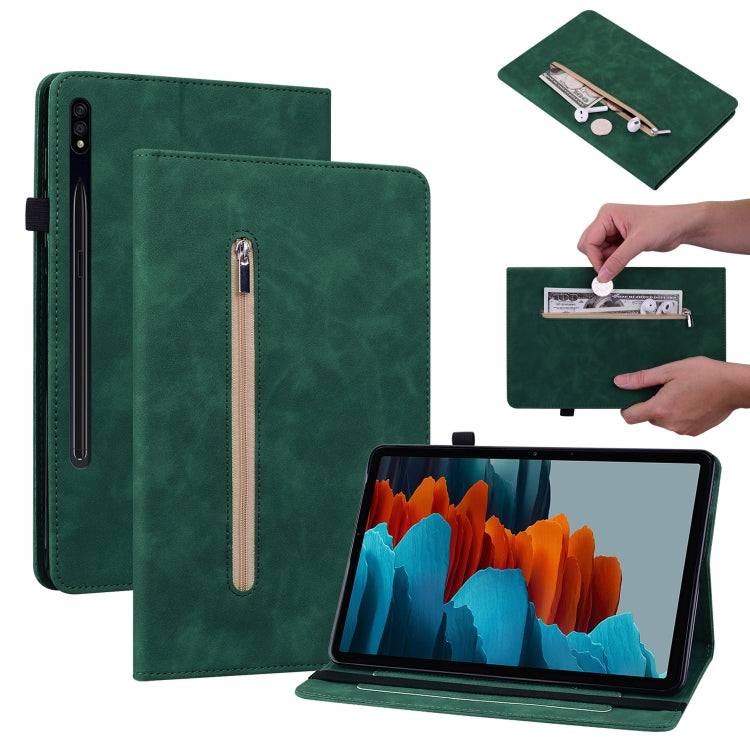 For Samsung Galaxy Tab S9+ Skin Feel Solid Color Zipper Leather Tablet Case(Green) - Galaxy Tab S9+ Cases by buy2fix | Online Shopping UK | buy2fix