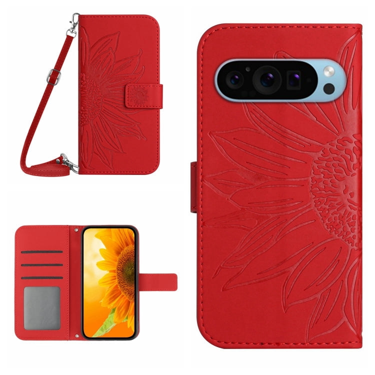 For Google Pixel 9 Pro Skin Feel Sun Flower Embossed Flip Leather Phone Case with Lanyard(Red) - Google Cases by buy2fix | Online Shopping UK | buy2fix