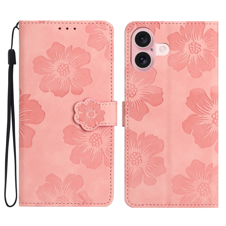 For iPhone 16 Flower Embossing Pattern Leather Phone Case(Pink) - iPhone 16 Cases by buy2fix | Online Shopping UK | buy2fix