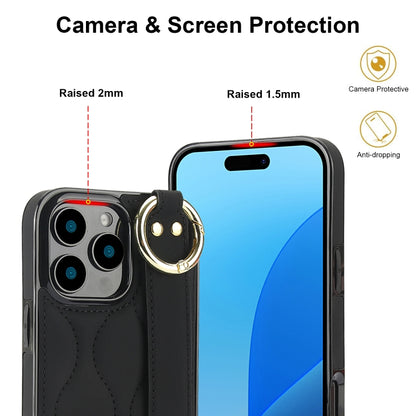 For iPhone 16 Pro Non-slip Full Coverage Ring PU Phone Case with Wristband(Black) - iPhone 16 Pro Cases by buy2fix | Online Shopping UK | buy2fix