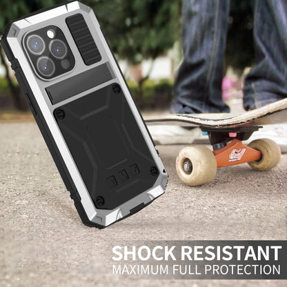 For iPhone 15 Pro Max R-JUST Shockproof Life Waterproof Dust-proof Metal + Silicone Phone Case with Holder(Silver) - iPhone 15 Pro Max Cases by R-JUST | Online Shopping UK | buy2fix