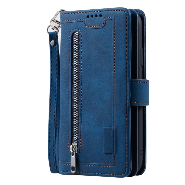 For iPhone 16 Nine Card Zipper Bag Leather Phone Case with Lanyard(Blue) - iPhone 16 Cases by buy2fix | Online Shopping UK | buy2fix