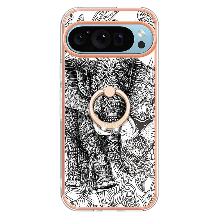 For Google Pixel 9 Pro XL Electroplating Dual-side IMD Phone Case with Ring Holder(Totem Elephant) - Google Cases by buy2fix | Online Shopping UK | buy2fix