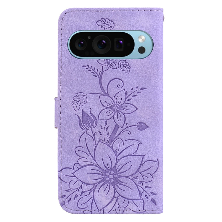 For Google Pixel 9 Pro Lily Embossed Leather Phone Case(Purple) - Google Cases by buy2fix | Online Shopping UK | buy2fix