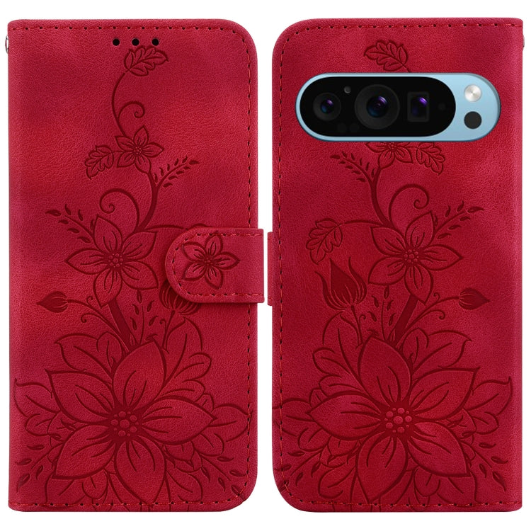 For Google Pixel 9 Pro Lily Embossed Leather Phone Case(Red) - Google Cases by buy2fix | Online Shopping UK | buy2fix