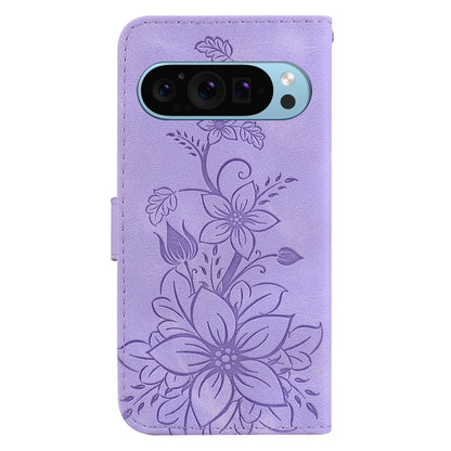 For Google Pixel 9 Lily Embossed Leather Phone Case(Purple) - Google Cases by buy2fix | Online Shopping UK | buy2fix