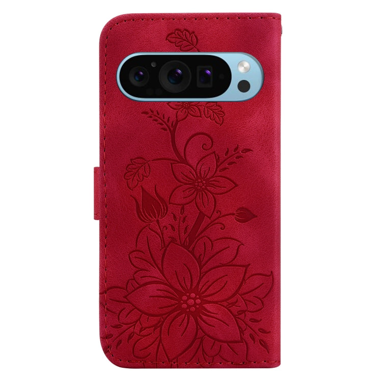 For Google Pixel 9 Lily Embossed Leather Phone Case(Red) - Google Cases by buy2fix | Online Shopping UK | buy2fix