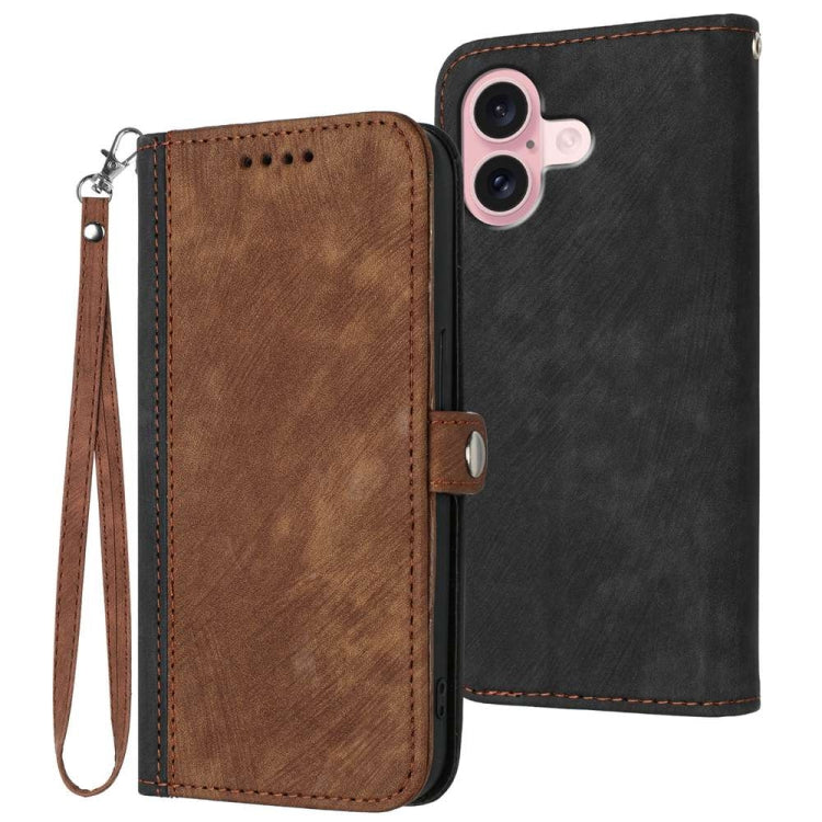 For iPhone 16 Side Buckle Double Fold Hand Strap Leather Phone Case(Brown) - iPhone 16 Cases by buy2fix | Online Shopping UK | buy2fix