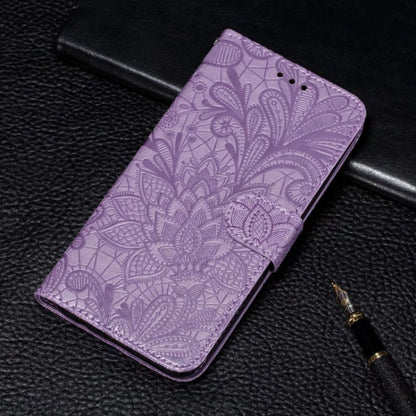 For iPhone 16 Lace Flower Embossing Flip Leather Phone Case(Purple) - iPhone 16 Cases by buy2fix | Online Shopping UK | buy2fix