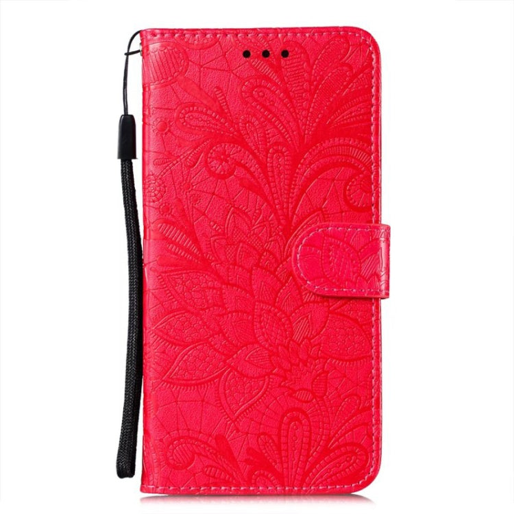 For iPhone 16 Lace Flower Embossing Flip Leather Phone Case(Red) - iPhone 16 Cases by buy2fix | Online Shopping UK | buy2fix