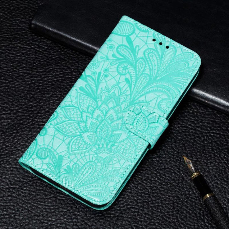 For iPhone 16 Plus Lace Flower Embossing Flip Leather Phone Case(Green) - iPhone 16 Plus Cases by buy2fix | Online Shopping UK | buy2fix