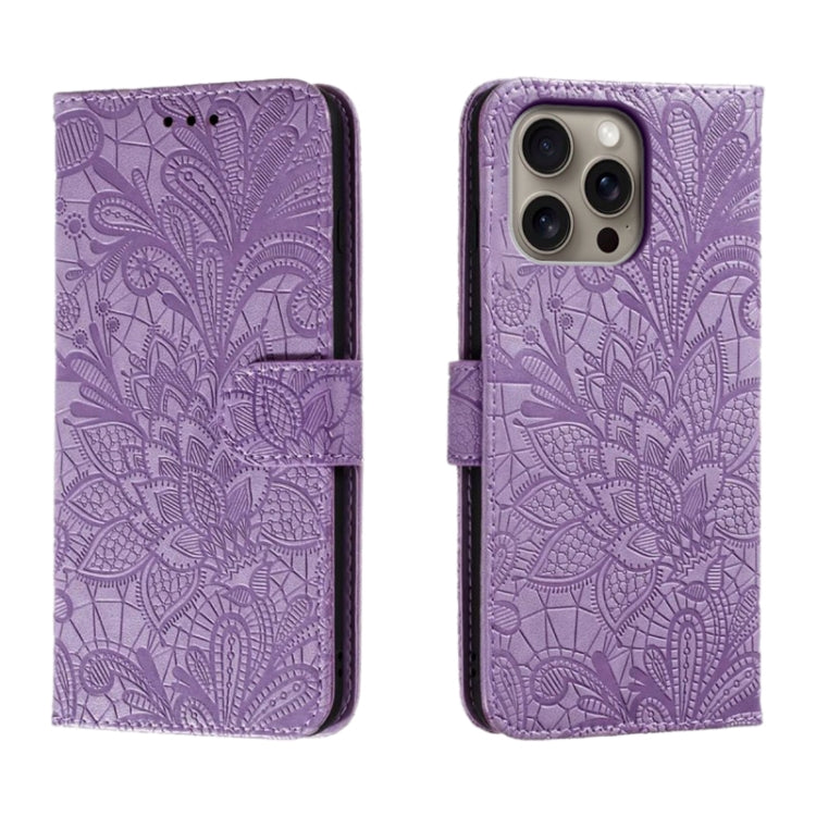 For iPhone 16 Pro Max Lace Flower Embossing Flip Leather Phone Case(Purple) - iPhone 16 Pro Max Cases by buy2fix | Online Shopping UK | buy2fix