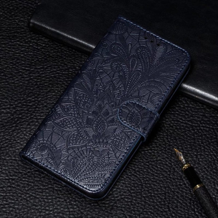 For iPhone 16 Pro Max Lace Flower Embossing Flip Leather Phone Case(Dark Blue) - iPhone 16 Pro Max Cases by buy2fix | Online Shopping UK | buy2fix