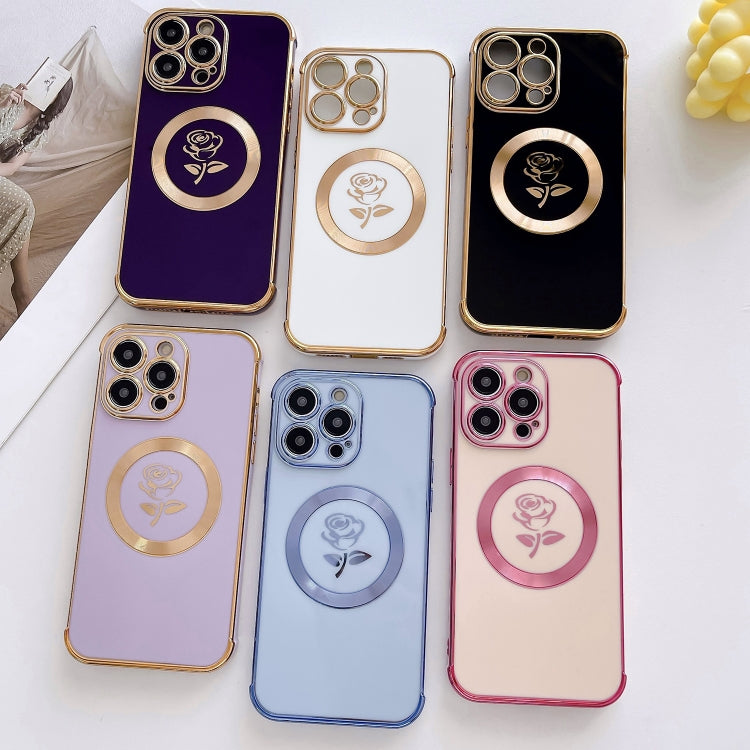 For iPhone 14 Pro Max Electroplate Side Roses Flower MagSafe Phone Case(Blue) - iPhone 14 Pro Max Cases by buy2fix | Online Shopping UK | buy2fix