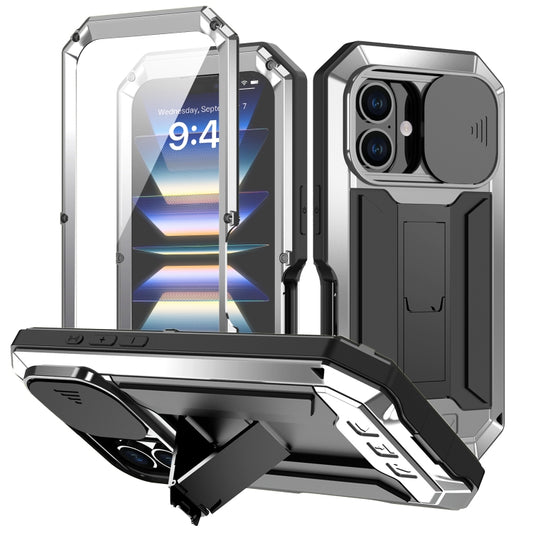 For iPhone 16 R-JUST Sliding Camera IP54 Life Waterproof Holder Phone Case(Silver) - iPhone 16 Cases by R-JUST | Online Shopping UK | buy2fix