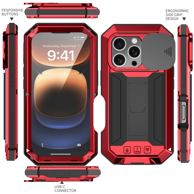 For iPhone 16 Pro R-JUST Sliding Camera IP54 Life Waterproof Holder Phone Case(Red) - iPhone 16 Pro Cases by R-JUST | Online Shopping UK | buy2fix