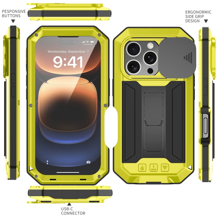 For iPhone 16 Pro R-JUST Sliding Camera IP54 Life Waterproof Holder Phone Case(Yellow) - iPhone 16 Pro Cases by R-JUST | Online Shopping UK | buy2fix