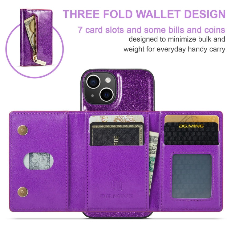 For iPhone 15 Plus DG.MING M3 Series Glitter Powder Card Bag Leather Phone Case(Dark Purple) - iPhone 15 Plus Cases by DG.MING | Online Shopping UK | buy2fix