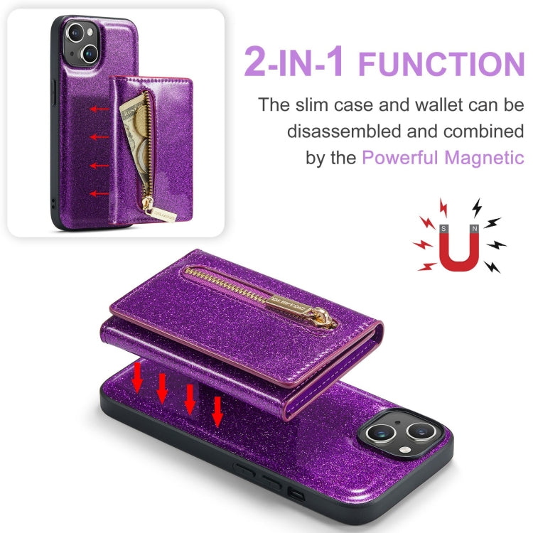 For iPhone 15 Plus DG.MING M3 Series Glitter Powder Card Bag Leather Phone Case(Dark Purple) - iPhone 15 Plus Cases by DG.MING | Online Shopping UK | buy2fix