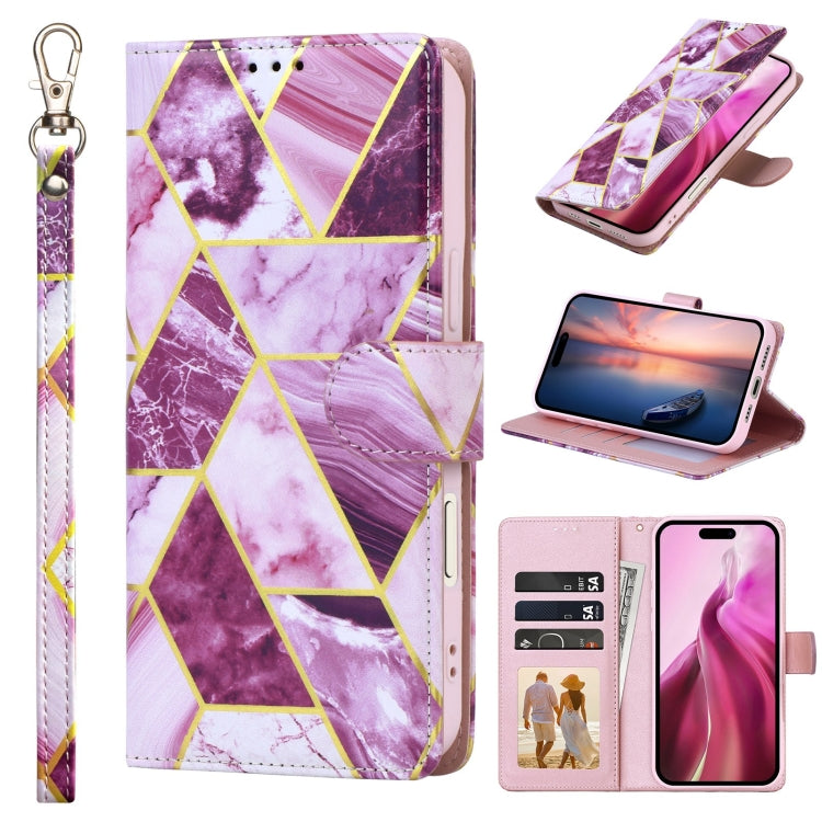 For iPhone 16 Plus Marble Bronzing Stitching Leather Phone Case(Purple) - iPhone 16 Plus Cases by buy2fix | Online Shopping UK | buy2fix