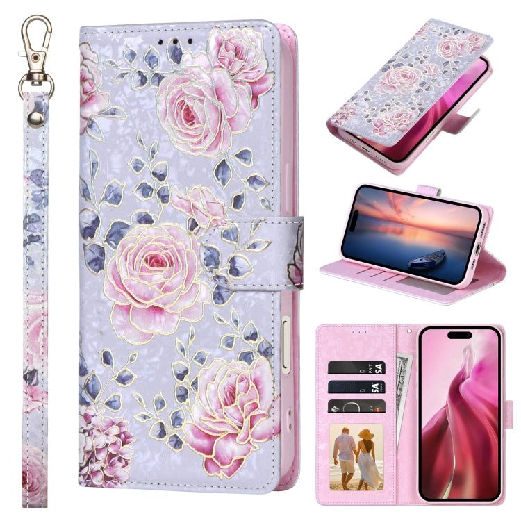 For iPhone 16 Plus Bronzing Painting RFID Leather Case(Pastoral Rose) - iPhone 16 Plus Cases by buy2fix | Online Shopping UK | buy2fix