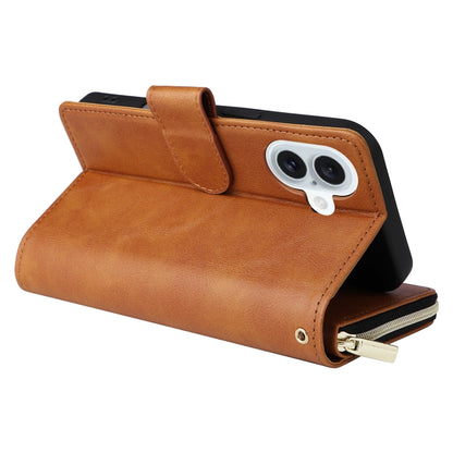 For iPhone 16 Plus 9 Card Slots Zipper Wallet Bag Leather Phone Case(Brown) - iPhone 16 Plus Cases by buy2fix | Online Shopping UK | buy2fix