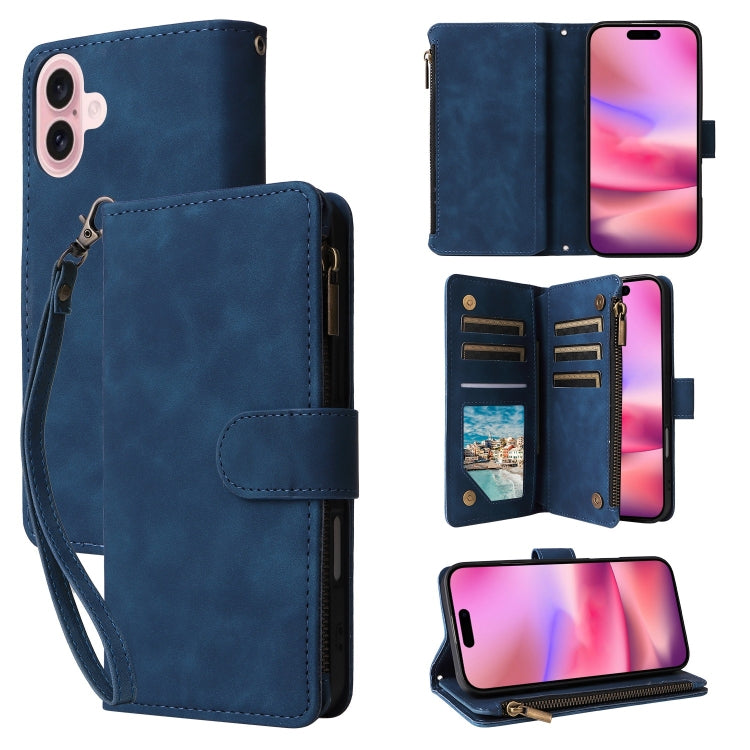 For iPhone 16 Plus Crossbody Multi-card Slot Wallet Zipper Leather Phone Case(Dark Blue) - iPhone 16 Plus Cases by buy2fix | Online Shopping UK | buy2fix