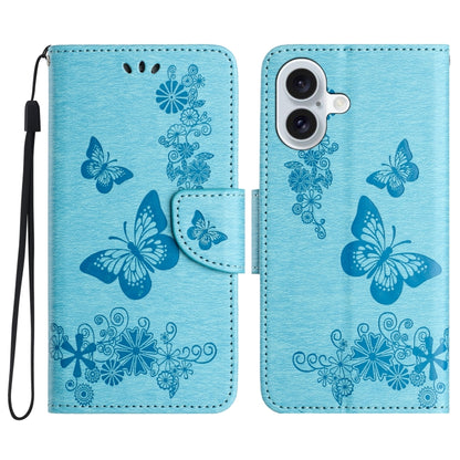 For iPhone 16 Butterfly Embossed Flip Leather Phone Case(Blue) - iPhone 16 Cases by buy2fix | Online Shopping UK | buy2fix