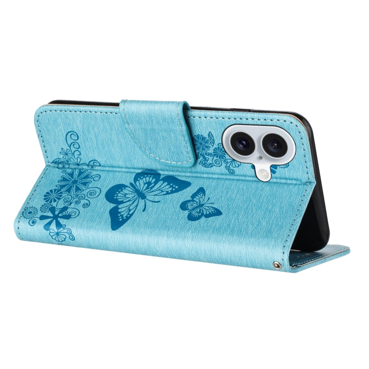 For iPhone 16 Butterfly Embossed Flip Leather Phone Case(Blue) - iPhone 16 Cases by buy2fix | Online Shopping UK | buy2fix