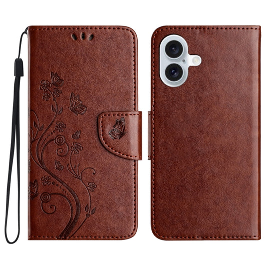 For iPhone 16 Plus Butterfly Flower Pattern Flip Leather Phone Case(Brown) - iPhone 16 Plus Cases by buy2fix | Online Shopping UK | buy2fix