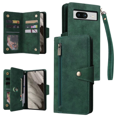 For Google Pixel 8 Rivet Buckle 9 Cards Three Fold Leather Phone Case(Green) - Google Cases by buy2fix | Online Shopping UK | buy2fix