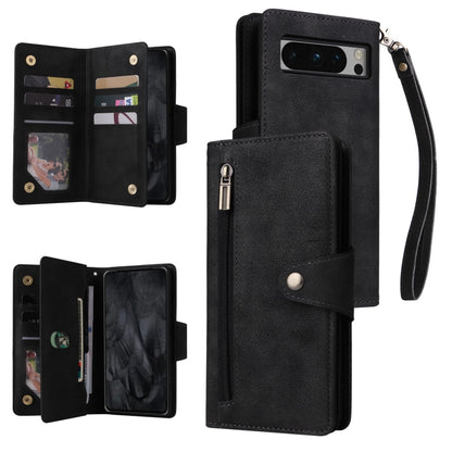 For Google Pixel 8 Pro Rivet Buckle 9 Cards Three Fold Leather Phone Case(Black) - Google Cases by buy2fix | Online Shopping UK | buy2fix