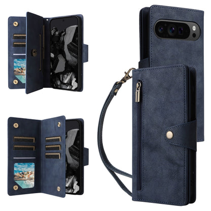 For Google Pixel 9 Pro Rivet Buckle 9 Cards Three Fold Leather Phone Case(Blue) - Google Cases by buy2fix | Online Shopping UK | buy2fix