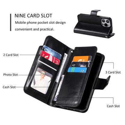 For iPhone 16 Pro Tri-Fold 9-Card Wallets Leather Phone Case(Black) - iPhone 16 Pro Cases by buy2fix | Online Shopping UK | buy2fix