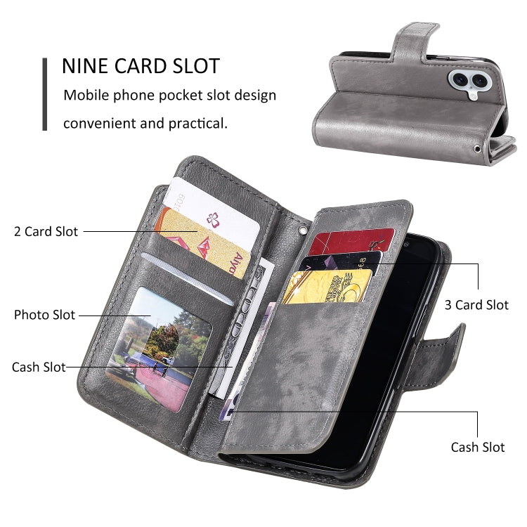 For iPhone 16 Tri-Fold 9-Card Wallets Leather Phone Case(Grey) - iPhone 16 Cases by buy2fix | Online Shopping UK | buy2fix