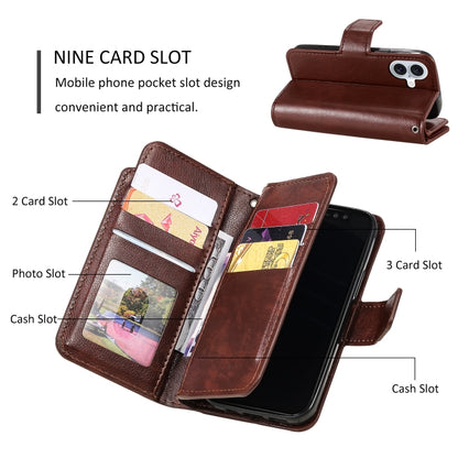 For iPhone 16 Tri-Fold 9-Card Wallets Leather Phone Case(Brown) - iPhone 16 Cases by buy2fix | Online Shopping UK | buy2fix