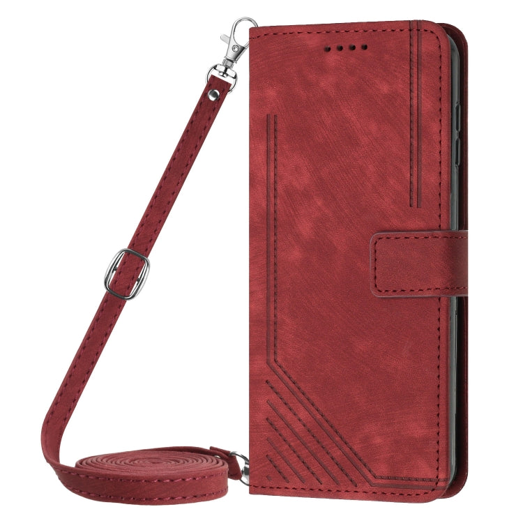 For Motorola Moto G Play 2024 Skin Feel Stripe Pattern Leather Phone Case with Lanyard(Red) - Motorola Cases by buy2fix | Online Shopping UK | buy2fix