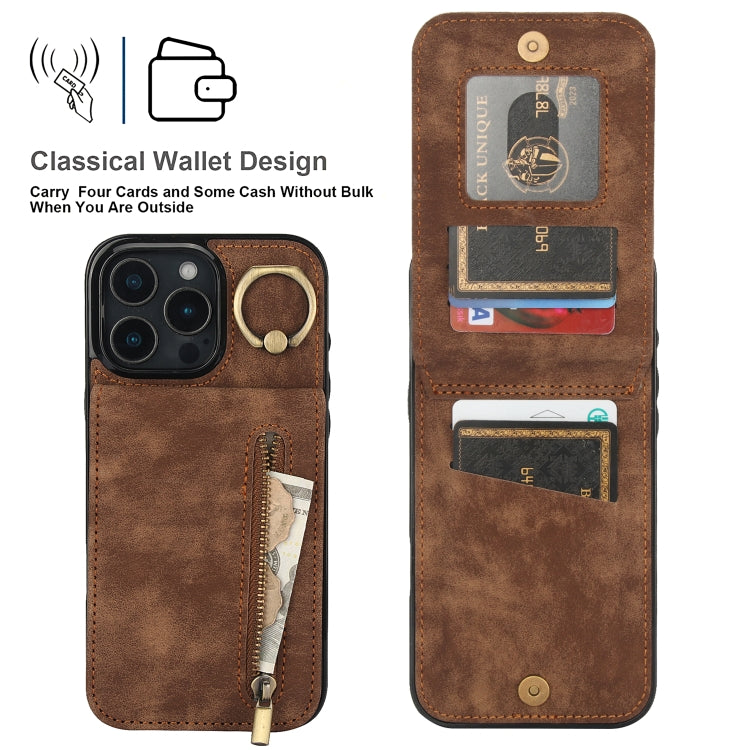 For iPhone 16 Pro Retro Ring and Zipper RFID Card Slot Phone Case(Brown) - iPhone 16 Pro Cases by buy2fix | Online Shopping UK | buy2fix