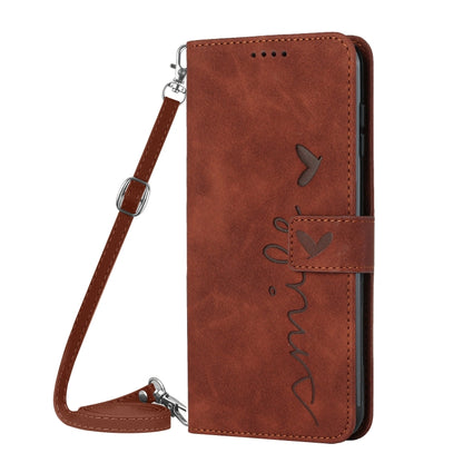 For Realme 11 4G Global Skin Feel Heart Pattern Leather Phone Case with Lanyard(Brown) - Realme Cases by buy2fix | Online Shopping UK | buy2fix